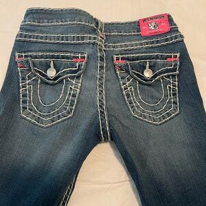 True Religion Blue Billy Super T Jeans with Signature Stitching of Pink & White